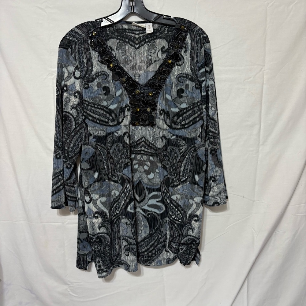 Chico's jeweled v-neck tunic in blue, gray, and black paisley print